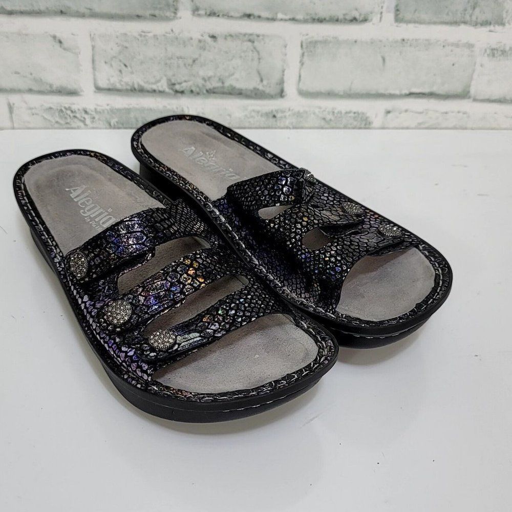 Alegria Womens 38 Fiona Leather Comfort Wedge‎ Sandals Mosaic Snakeskin Print